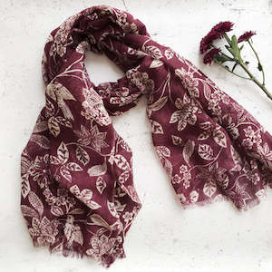 Accessories: Merino Floral Scarf - Burgundy