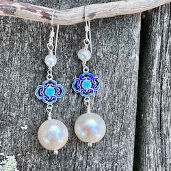 Earrings: 3 tier white freshwater pearl and enamel earrings