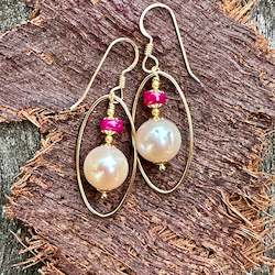 Earrings: Freshwater pearl & ruby earrings