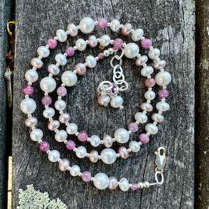 925 Silver: Freshwater pearl & tourmaline necklace