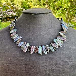 925 Silver: Peacock biwa pearl necklace