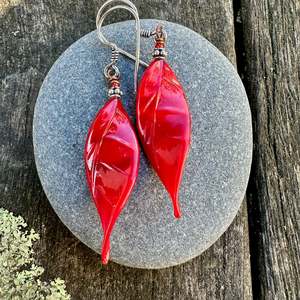 Red venetian glass twisted leaf earrings