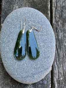 All Pounamu: Medium dark NZ greenstone drop earrings