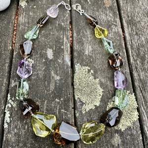 Amethyst, smoky quartz prasiolite chunk necklace