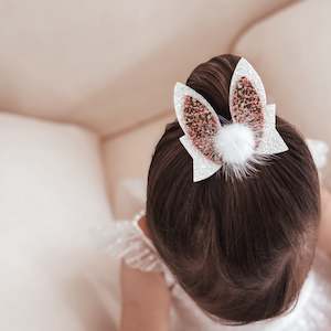 Into The Wild: White Glitter & Olive Liberty Print Bunny Bow Clips