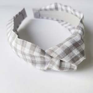Headbands: Grey Linen Gingham Knotted Headband