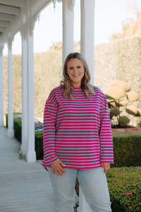 Oversized Tee LS - Pink/Blue Stripe