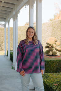 Oversized Tee LS - Navy/Pink Stripe