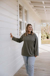 Oversized Tee LS - Khaki/Navy Stripe