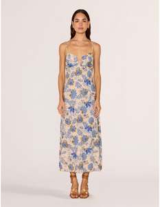 MINK PINK ZINA MIDI DRESS BLUE/BEIGE FLORAL