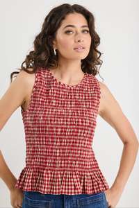 IVY & JACK LONELY SHIRRED SHELL TOP RED CREAM GINGHAM