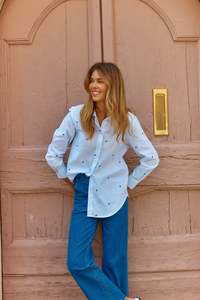 Tops: BETTY BASICS REID SHIRT BLUE BOW STRIPE WHITE