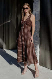 Dresses Jumpsuits: AMONG THE BRAVE INFINITY SLEEVELESS BIAS MIDI DRESS CHOCOLATE POLKA