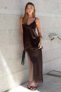 Bottoms: GEORGIA ZOE MARGARITA CHOCOLATE SATIN LACE TRIM BIAS MAXI SKIRT