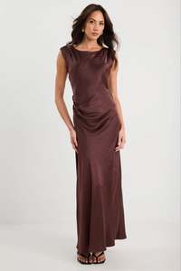GEORGIA ZOE FRUITION CHOCOLATE SATIN BIAS MAXI DRESS