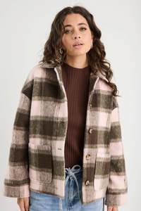 Jackets Coats: STORIES BE TOLD SOLACE CHOCOLATE PINK CHECK OVERSIZED SHACKET