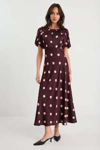 STORIES BE TOLD STAGE PLUM POLKA DOT PUFF SLEEVE SATIN FLOATY MAXI DRESS