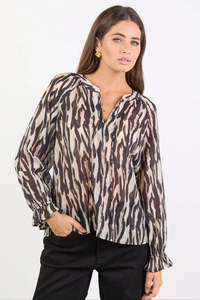 BY ROSA WOODLAND BLACK ZEBRA TIE NECK FLOUCE LONGSLEEVE TOP