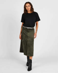 Bottoms: STORM SUEDE MIDI SKIRT KHAKI