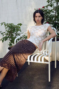 Bottoms: ROWIE MARINA SILK MIDI SKIRT CACAO SPOT