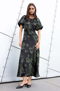 STORIES BE TOLD STAGE GREEN SHADOW GARDEN SATIN PUFF SLEEVE FLOATY MAXI DRESS