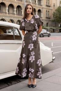 STORIES BE TOLD STAGE COCOA BLOSSOM FLORAL SATIN PUFF SLEEVE FLOATY MAXI DRESS