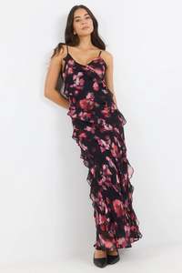 GEORGIA ZOE GALORE BLACK PINK ABSTRACT PRINT BIAS RUFFLE SLIP MAXI DRESS