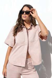 STORIES BE TOLD CRUCIAL PALE PINK DENIM SHORT SLEEVE SHACKET