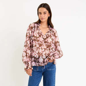 Odyssey Shirred Neck Top - Blush Chocolate Floral