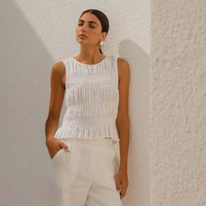 Among The Brave: Impulsive Linen Shirred Sleeveless Top - Ivory