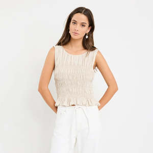 Among The Brave: Impulsive Linen  Shirred Sleeveless Top - Natural