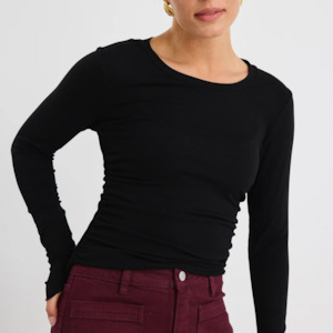 Muster Stretch Rouched Side Crew Top - Black