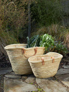 Small Moroccan Basket With Long Leather Handles - Natural