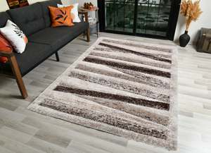 Beige: Modern Striped Shaggy Beige & Chocolate California Rug