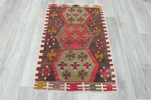 Multi: Authentic Turkish Kilim Rug 90 x 60cm | Geometric Anatolian Wool Flatweave