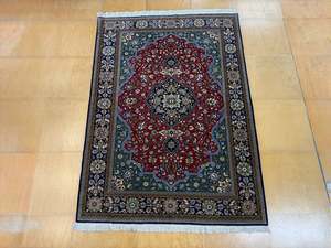 Navy: Persian Qum Hand-Knotted Wool & Silk Rug Size:213cm x 150cm