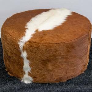 Furniture: Round Cowhide Ottoman - Brown & White