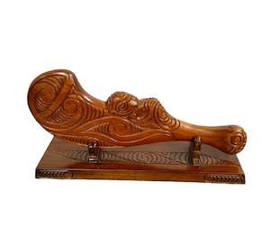 Maori New Zealand: Totara Hand carved Maori Patu on stand