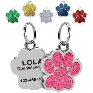 Tradies Pets: Personalized Dog Cat Tags Engraved Cat Dog Glitter Pendant Paw Print Custom Puppy Pet ID Name Collar Tag Pendant Pet Accessories