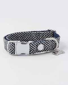 Hugo Hudson Range: Hugo & Hudson Tweed Metal Buckle Dog Collar - Navy Herringbone