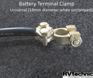 Products: Battery Terminal Clamp (fitted onto cable), Brass, Universal 18mm diameter RVtechnic RV&Marine