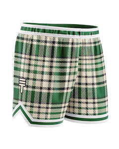 Mens Shorts: Triple Threat Tartan Basketball Short Green & Cream