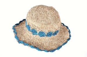 Crochet Hat: Crochet Hat  Smiley Morning Hemp Cotton with Turquoise Flowers