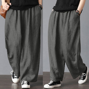 Grey Elastic Waist Relaxed Linen Baggy Trousers Pants My Wardrobe