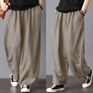 Khaki Elastic Waist Relaxed Linen Baggy Trousers My Wardrobe