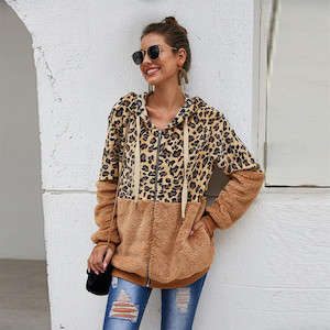 Leopard Print Zip Front  Fluffy Fleece  Hoodie My Wardrobe