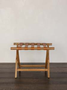Teak + Leather Folding Luggage Rack — Tan
