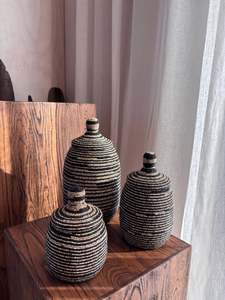 Hand Beaded Canister - Black / Natural Stripe