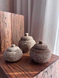 Homewares Objects: Wooden Pot with Beaded Exterior - Natural