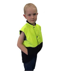 Children's Collection: PCO1320 Caution Childrens Hi-Vis Oilskin Sleeveless Vest, Yellow/Brown, Sizes 4 to 14 - Safety Equipment NZ, Tauranga, Hamilton, Cambridge, Rotorua, BOP
